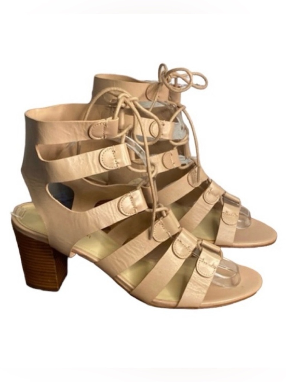 Marc Fisher Leather Neutral Lace Up Strappy Gladiator Block Heel Sandals Size 19